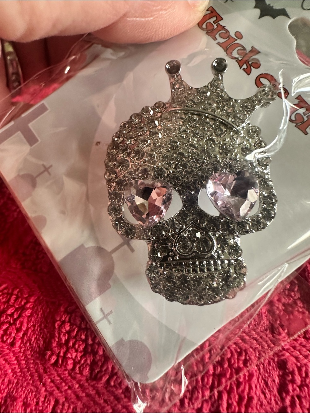 Silver Crystal Skull Brooch with Pink Heart Accents